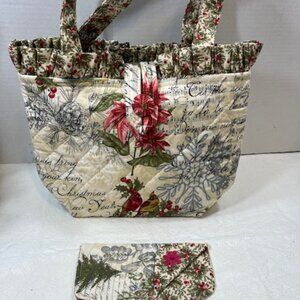 Handmade Christmas Fabric Button Closure Cotton Tote Handbag w/Eyeglass Case NEW